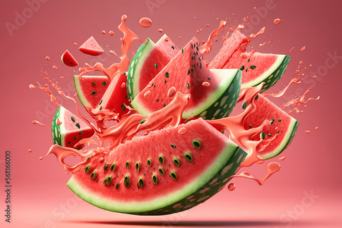 Fresh slices of watermelon flying splashing juice Generative AI