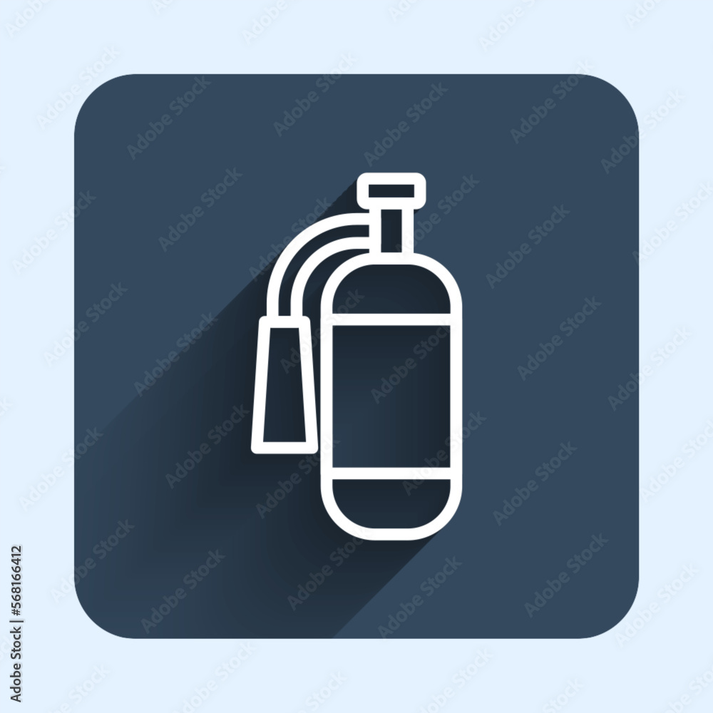 White line Fire extinguisher icon isolated with long shadow background. Blue square button. Vector White line Fire extinguisher icon isolated with long shadow background. Blue square button. Vector