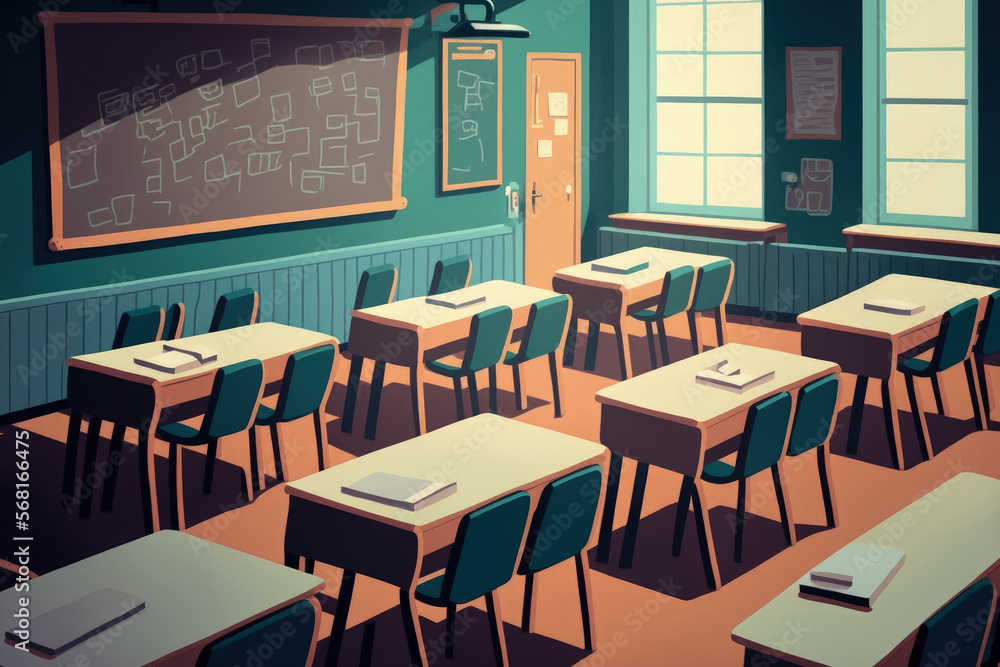 Empty classroom with desks and chairs. Generative AI