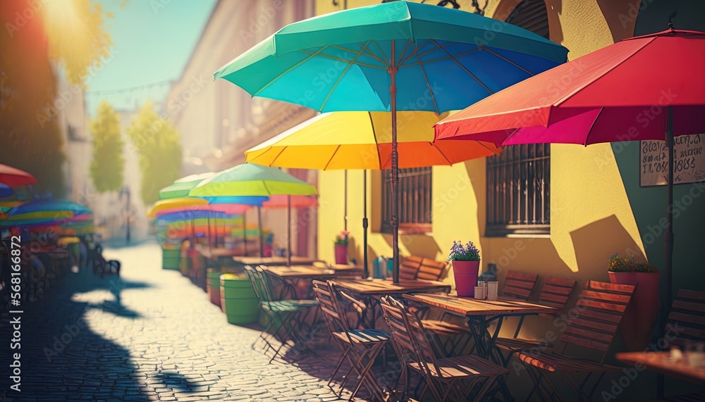  a row of tables with umbrellas on the side of the street in front of a building on a cobblestone street in a city.  generative ai