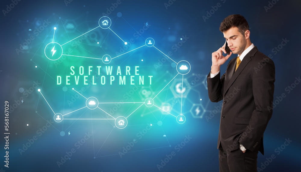 Businessman thinking about technology concept Businessman thinking about technology concept
