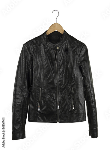 black leather jacket on hanger