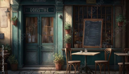  a painting of a restaurant with tables and chairs outside of it and a chalkboard on the wall behind the tables and a chalkboard on the door. generative ai