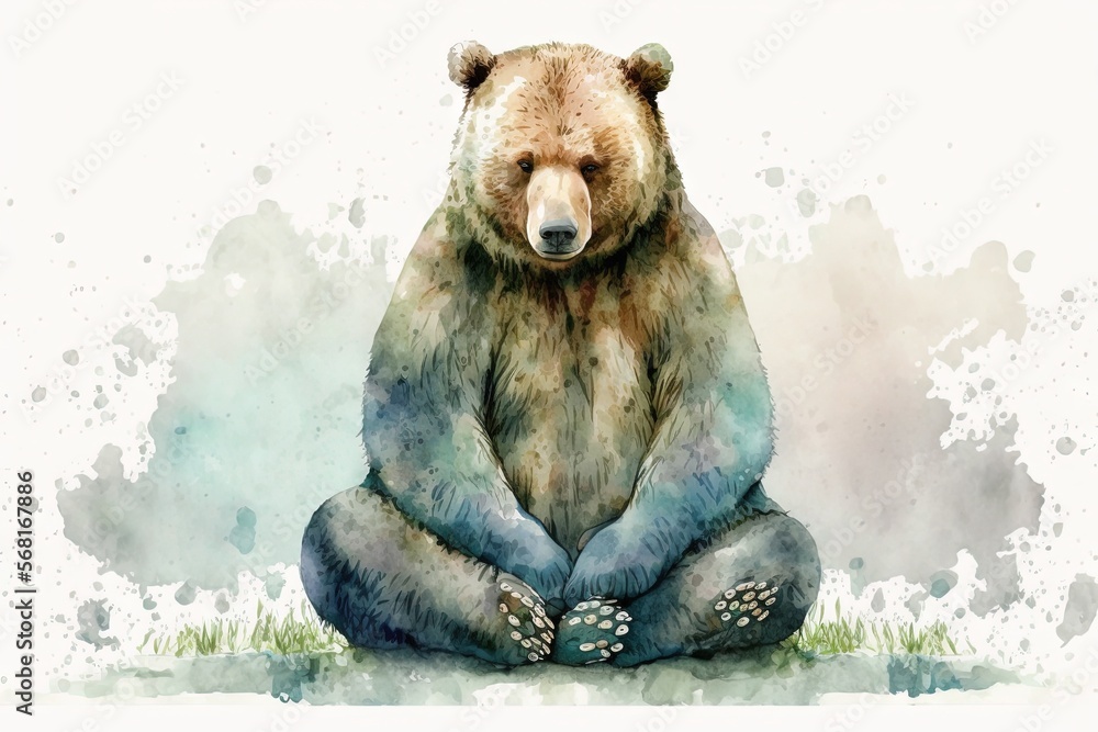 a watercolor painting of a bear sitting in a yoga position on the grass ...