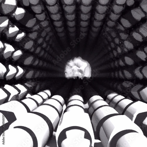 Bullets in the Tunel. Black and white Illustration of object Circle shaped. 3D model wallpaper made in Generative AI
