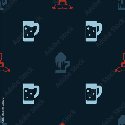 Set Sausage on the fork, Wooden beer mug and Glass of on seamless pattern. Vector