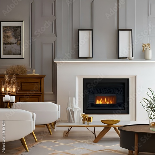 Scandinavian style family room with a fireplace3, Generative AI