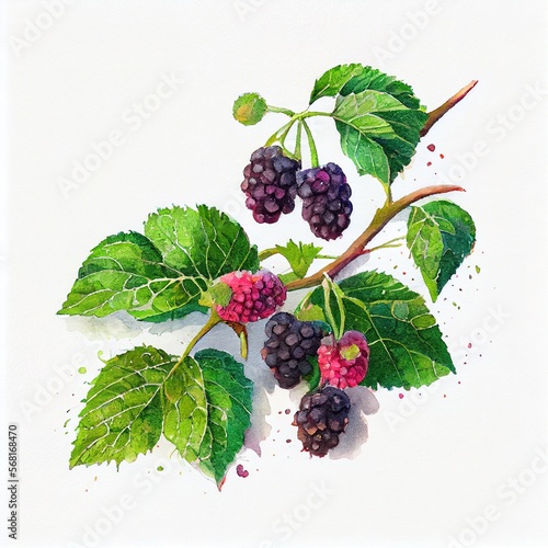 Watercolor Mulberries Isolated on White Background. Generative AI