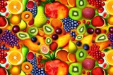  a colorful fruit pattern is shown in this image of a variety of fruits and berries on a white background with a blue sky in the background.  generative ai
