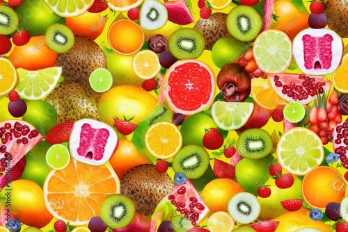  a lot of fruit that are on top of each other in a pile of fruit on a table with one slice of fruit on top of the other.  generative ai