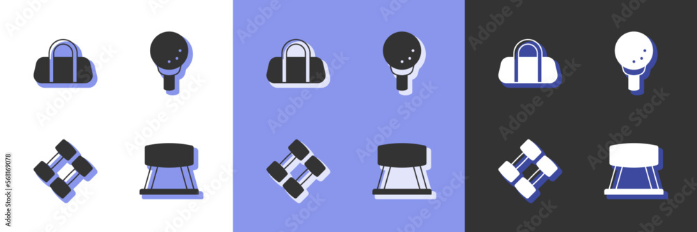 Set Pommel horse, Sport bag, Dumbbell and Golf ball on tee icon. Vector Set Pommel horse, Sport bag, Dumbbell and Golf ball on tee icon. Vector