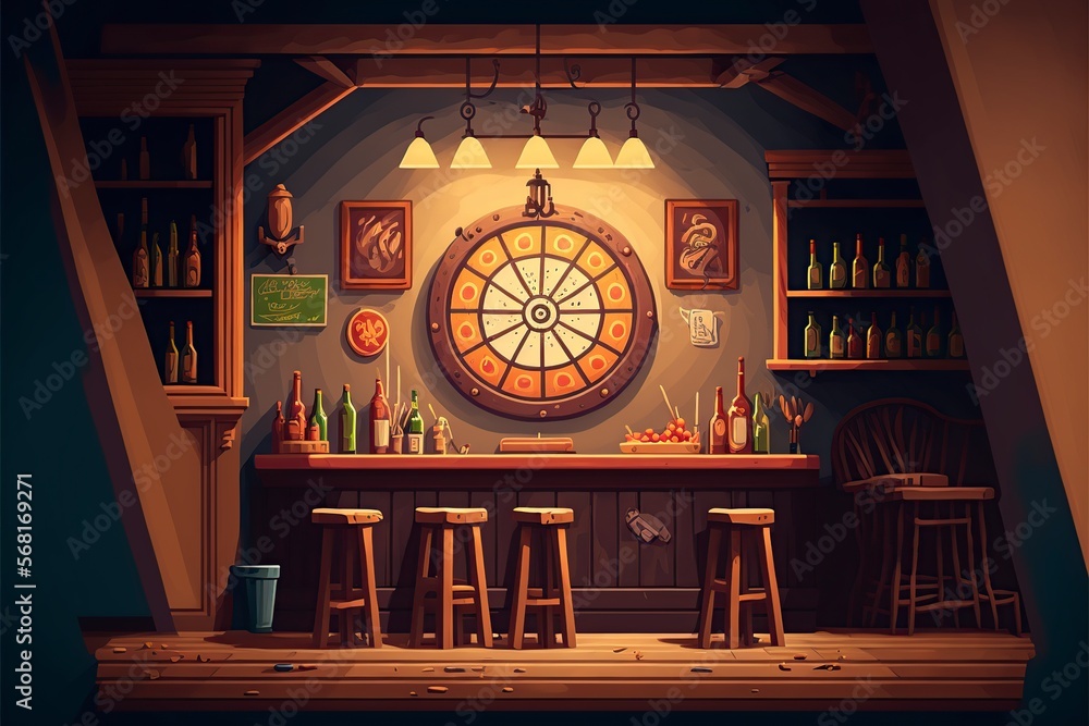 cartoon illustration, old tavern with wooden bar counter, ai generative