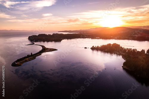 Aerial photo, peninsula, boats in harbour, sunset, Whiffen Spit, Sooke, Vancouver Island