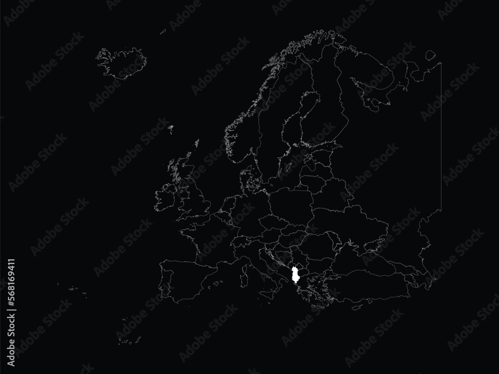 Obraz premium White map of Albania within map of European continent on black background