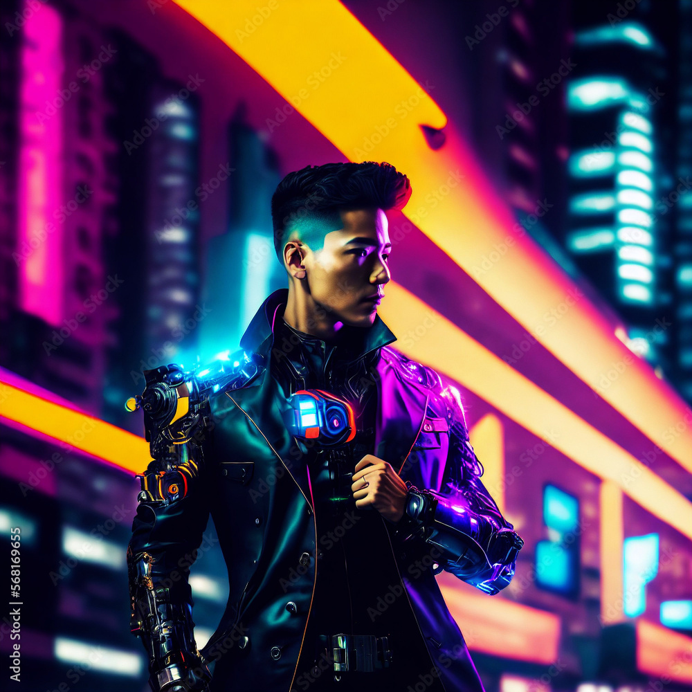 Obraz premium cyberpunk future technology cyborg robot punk man, generative art by A.I.