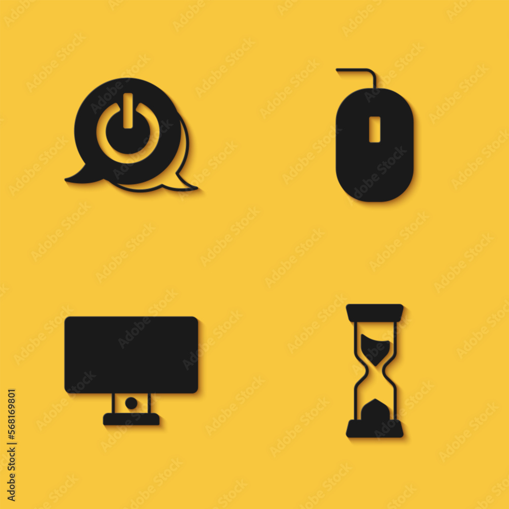 Set Power button, Old hourglass, Computer monitor and mouse icon with long shadow. Vector Set Power button, Old hourglass, Computer monitor and mouse icon with long shadow. Vector