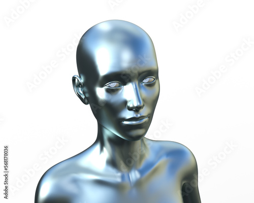 3d illustration of a female bald silver head on a white background. Metal mannequin.