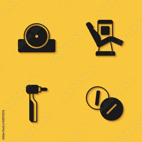 Set Otolaryngological head reflector, Toothache painkiller tablet, drill and Medical dental chair icon with long shadow. Vector