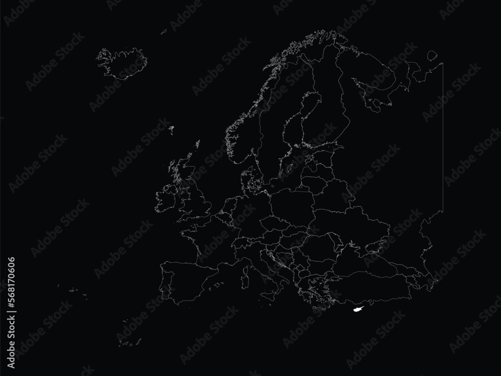 Obraz premium White map of Cyprus within map of European continent on black background