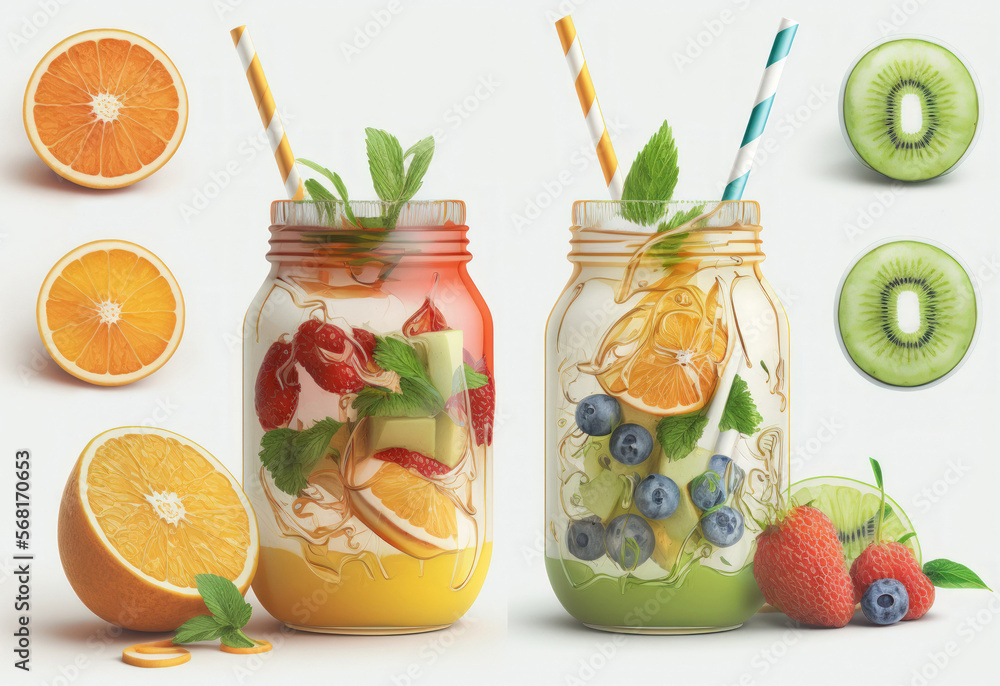 Glass jars in a collage with a fresh, delectable smoothie and a straw on a white backdrop. Generative AI Glass jars in a collage with a fresh, delectable smoothie and a straw on a white backdrop. Generative AI