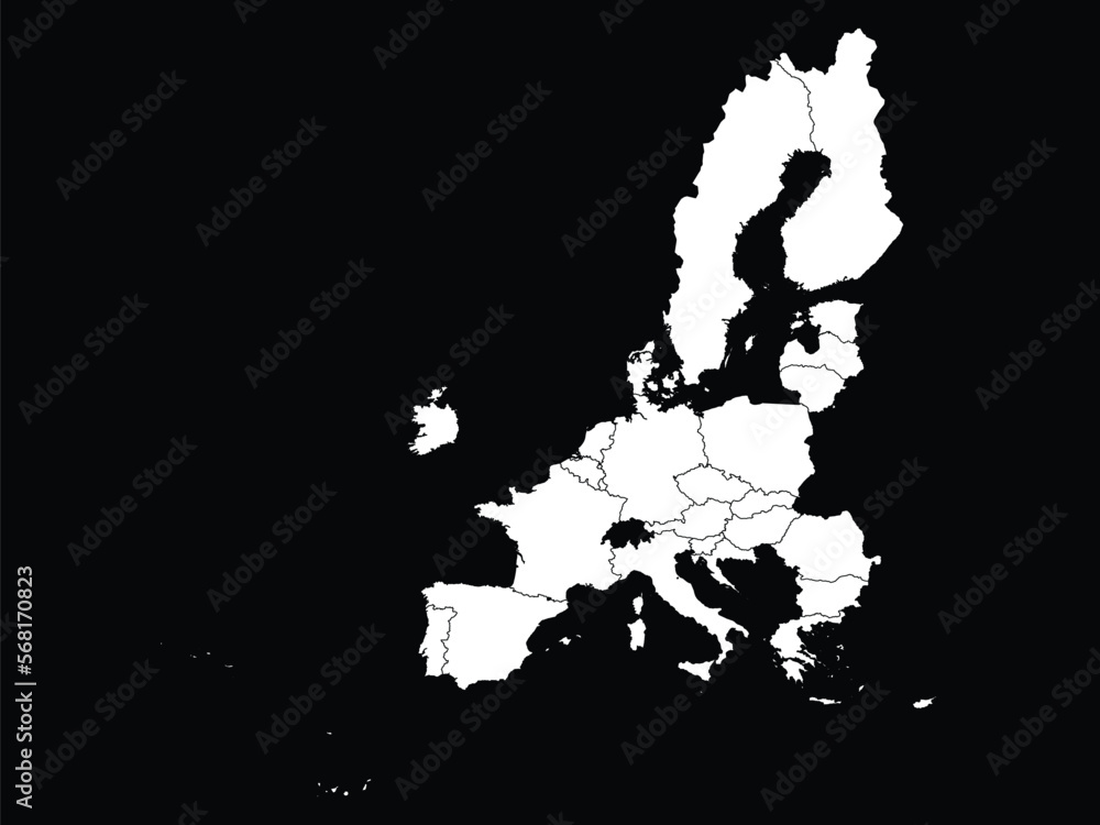 White map of European Union countries on black background White map of European Union countries on black background