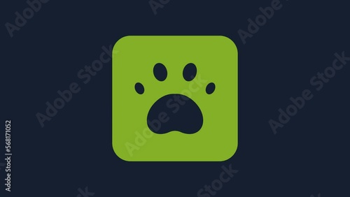 Yellow Paw print icon isolated on blue background. Dog or cat paw print. Animal track. 4K Video motion graphic animation