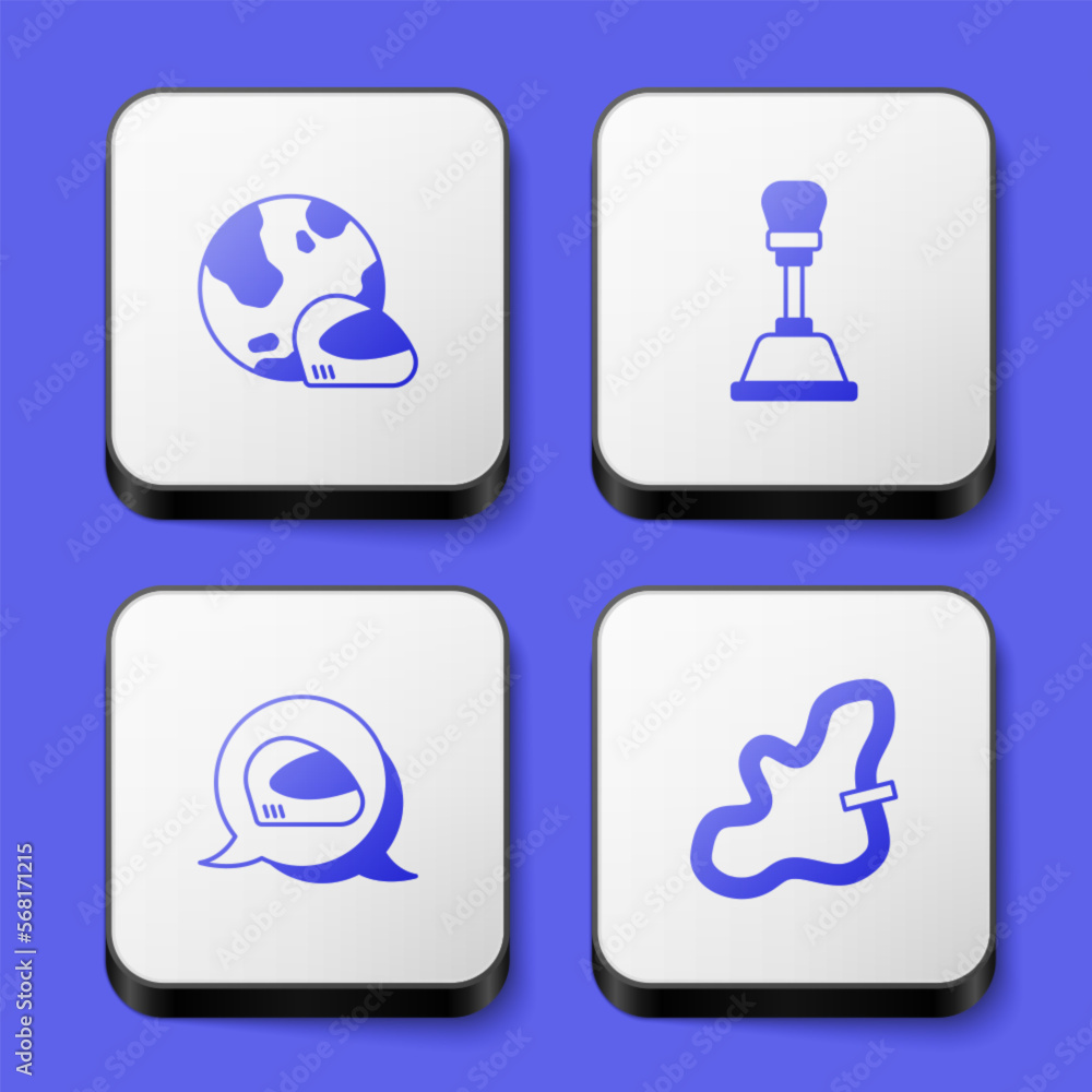Set Racing helmet, Gear shifter, and track icon. White square button. Vector Set Racing helmet, Gear shifter, and track icon. White square button. Vector