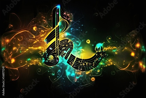Wave lines trails flowing dynamic in different color isolated on black background. musical key and note. Abstract futuristic background, digital sound design concept. Generative ai