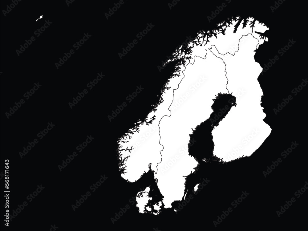White map of Scandinavian countries on black background