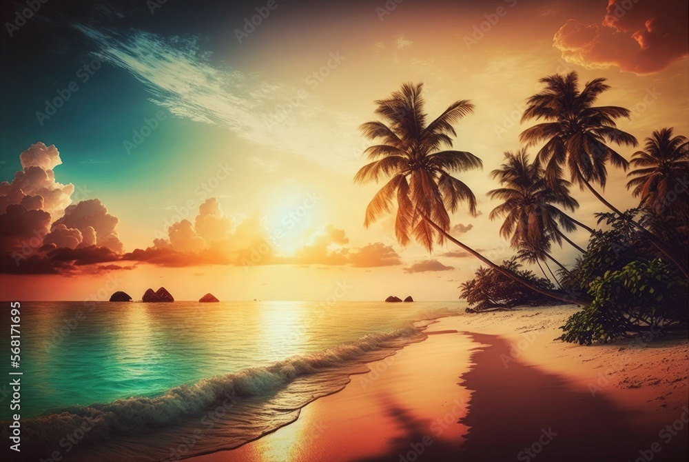 Beautiful beach in a tropical paradise at sunset. peaceful vacation or holiday setting. exotic nature scene inspirational seascape picturesque, tropical sunset beach seaside palm. Generative AI