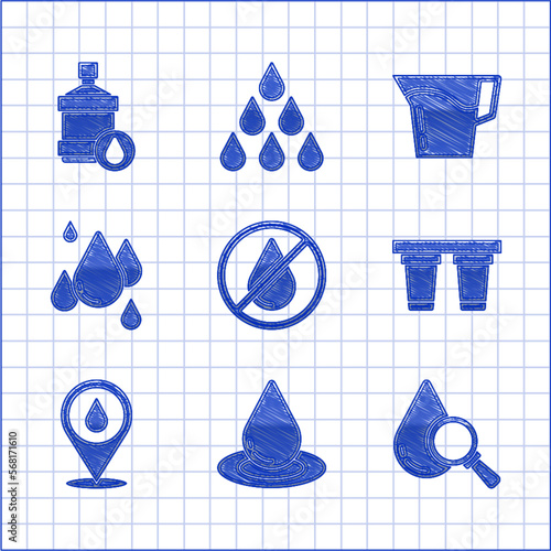 Set Water drop forbidden, Drop and magnifying glass, filter, with location, Jug water and Big bottle clean icon. Vector