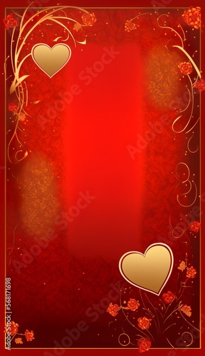 Valentines day background, red canvas with golden hearts and flowers on it