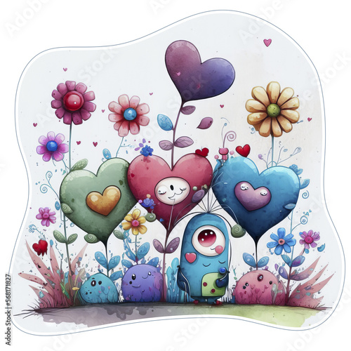 Cute watercolor flowers and hearts Cartoon love couple. Generative AI photo