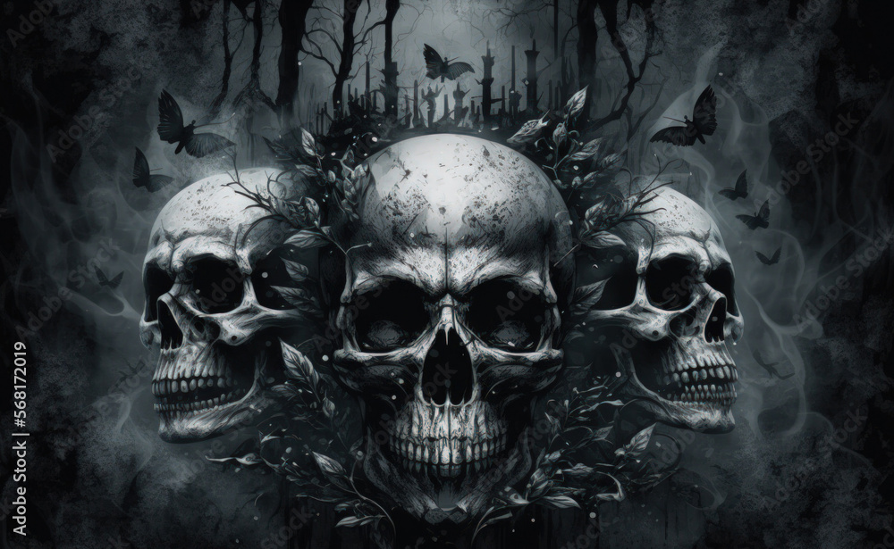 Banner featuring skulls of the dead. Illustration of a scary scene with ghostly skulls in a mist. Generative AI