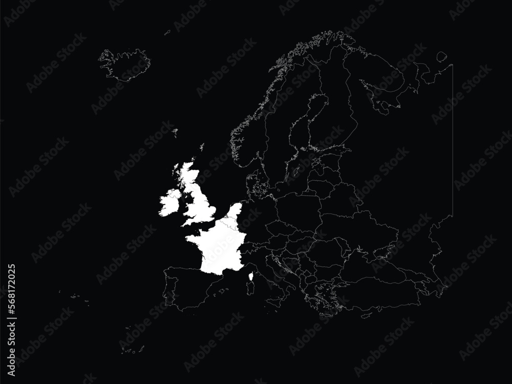 White map of West European countries within map of European continent on black background