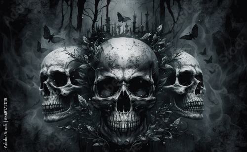 Banner featuring skulls of the dead. Illustration of a scary scene with ghostly skulls in a mist. Generative AI photo