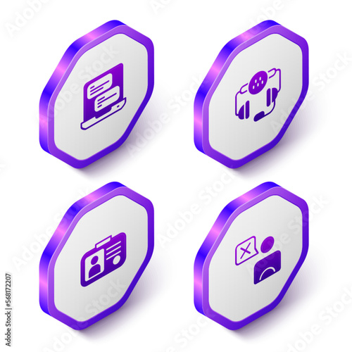 Set Isometric Taxi mobile app, call telephone service, driver license and icon. Purple hexagon button. Vector