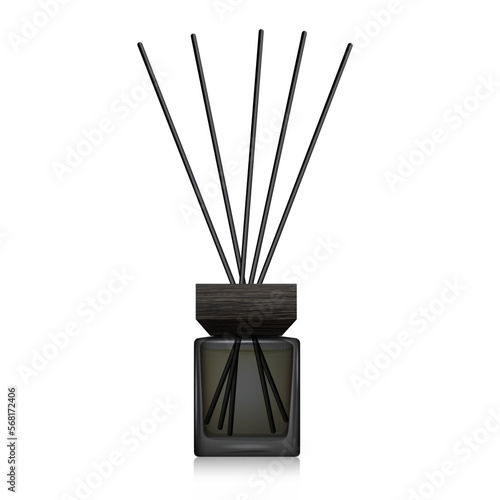 Black glass reed diffuser bottle mockup. Home fragrance with liquid perfume. Cube aroma diffuser with black wooden cap. 3D vector illustration