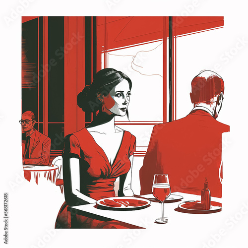 Lonely girl in red dress at the restaurant