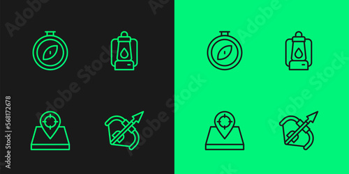 Set line Medieval bow and arrow, Hunt place, Compass and Camping lantern icon. Vector
