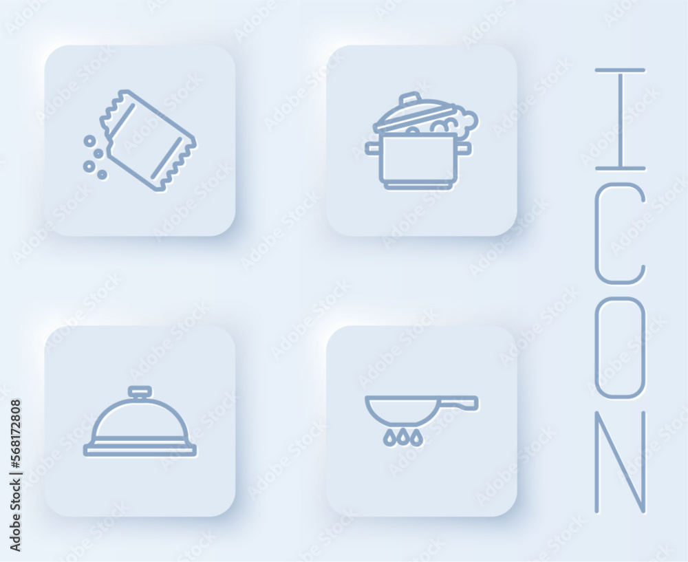 Set line Packet of pepper, Cooking pot, Covered with tray food and Frying pan on fire. White square button. Vector Set line Packet of pepper, Cooking pot, Covered with tray food and Frying pan on fire. White square button. Vector