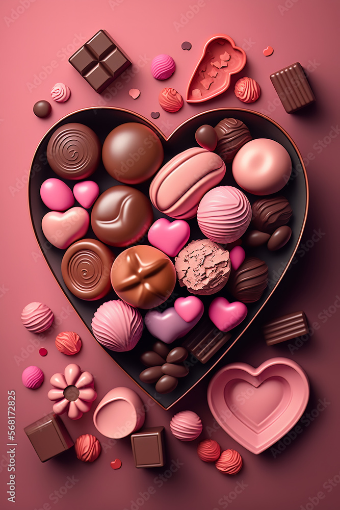Heart-shaped box with assorted chocolates on a pink background, top view Heart-shaped box with assorted chocolates on a pink background, top view
