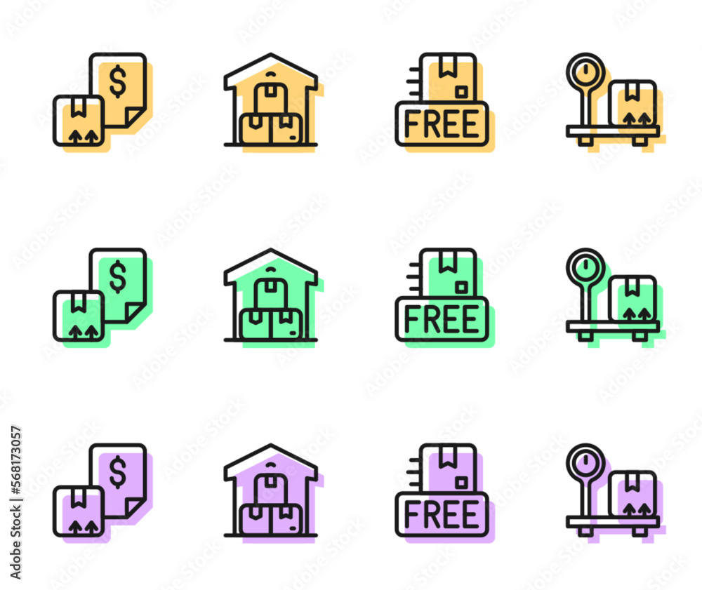 Set line Cardboard box with free symbol, Waybill, Full warehouse and Scale cardboard icon. Vector Set line Cardboard box with free symbol, Waybill, Full warehouse and Scale cardboard icon. Vector