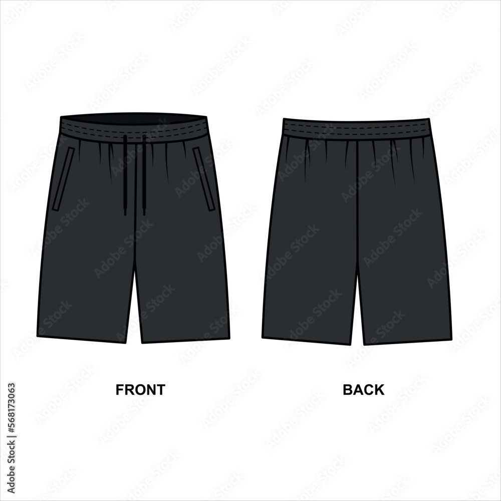 Sports men's shorts in black, vector. Shorts front and back view drawn
