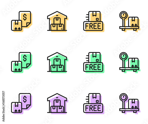 Set line Cardboard box with free symbol, Waybill, Full warehouse and Scale cardboard icon. Vector