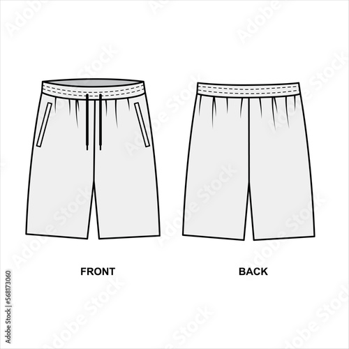 Outline drawing of sports men's shorts on a white background, vector. Shorts front and back view template, vector. Figure Swimming trunks for men. Drawing of sports shorts for an active lifestyle.