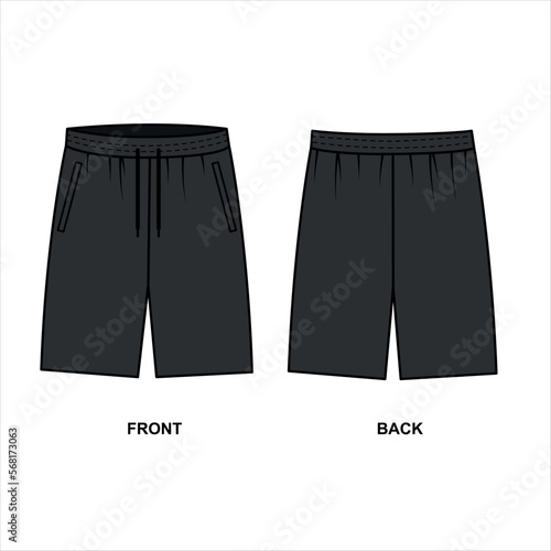 Sports men's shorts in black, vector.
Shorts front and back view drawn on a white background. Shorts template for active lifestyle - football, running, swimming, tennis, boxing, etc.