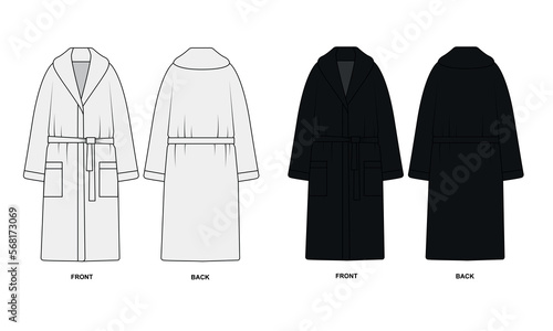 Bathrobe white and black color drawing vector. Sketch of a set of clothes for home and relaxation. Bathrobe front and back view template for design, vector. Basic gown outline drawing.