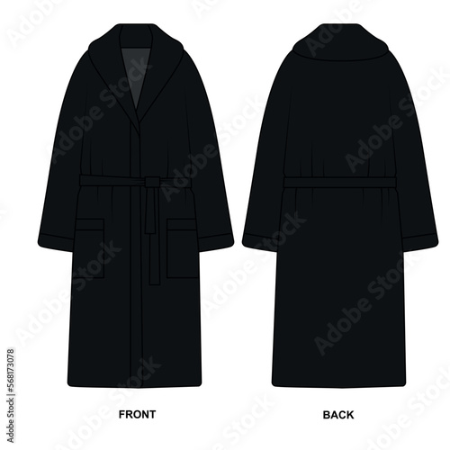 Bathrobe drawing with pockets in black color vector. Sketch clothes for home and relaxation. Bathrobe front and back view template for design, vector. Basic model bathrobe outline drawing.