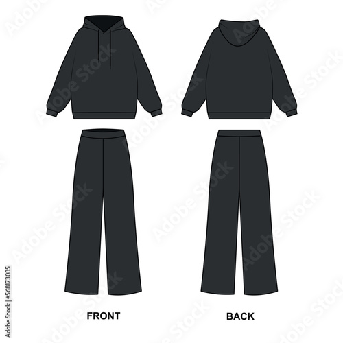Sketch of a fashionable black suit consisting of wide trousers and a hoodie, vector. Outline drawing Pajama pants and sweatshirt. Women's tracksuit template, front and back view.